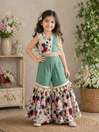 Evanik Green Kids Summer Cotton With Floral Print Co-Ord Set | Grocsy