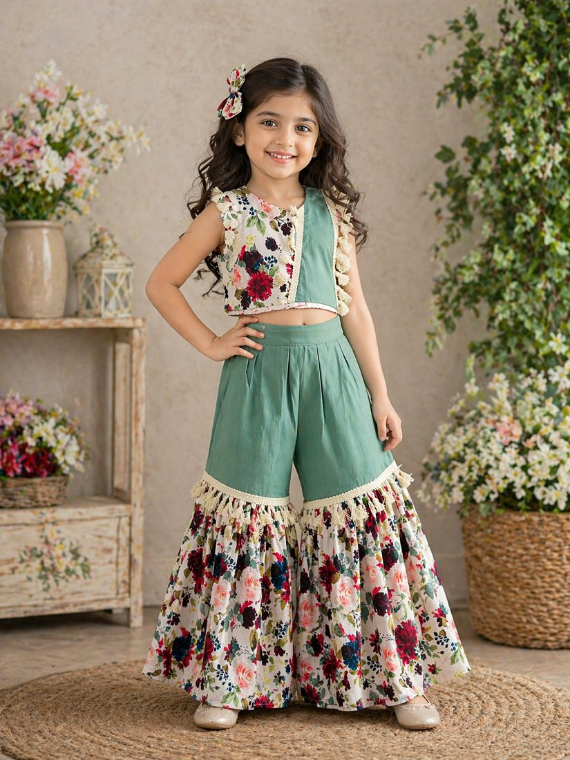 Evanik Green Kids Summer Cotton With Floral Print Co-Ord Set | Grocsy