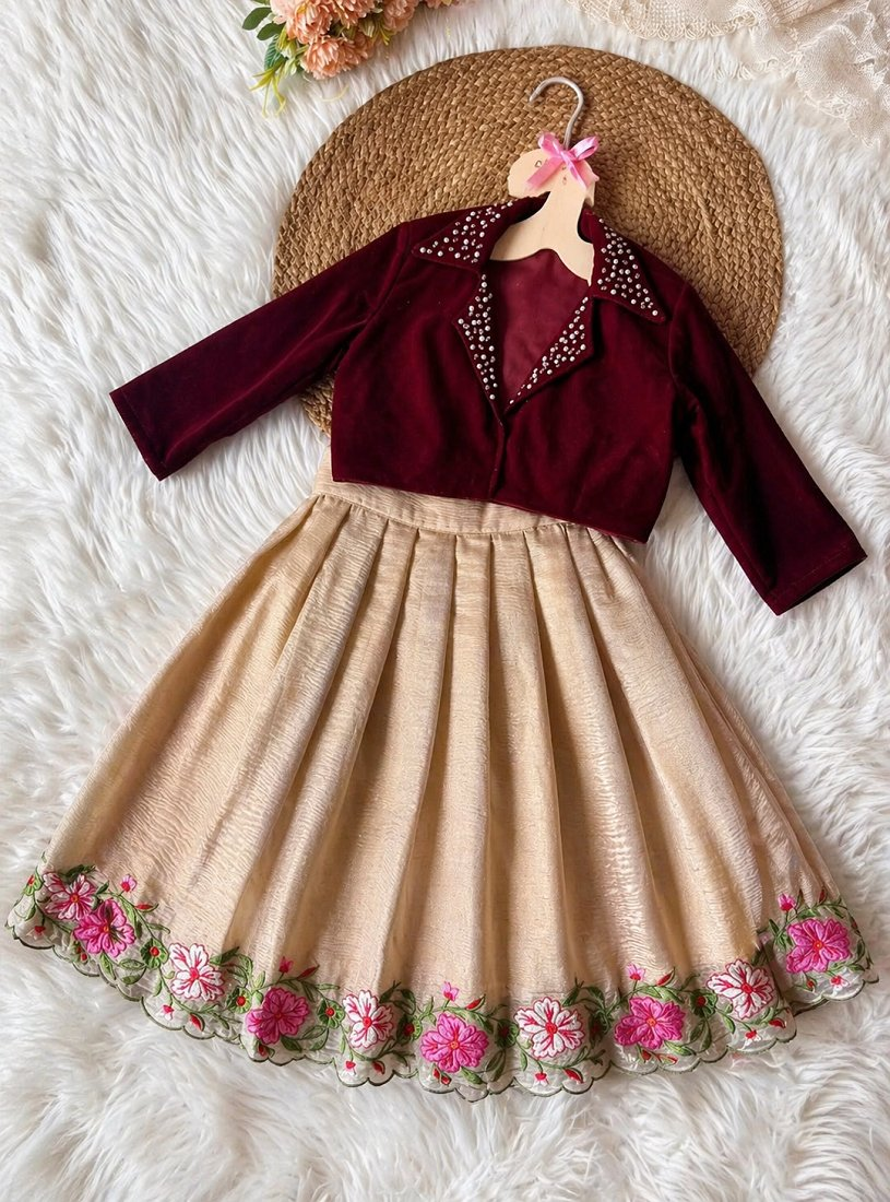 Evanik Maroon Embroidered Work Kids Party Wear Look Kids Lehenga Choli | Grocsy