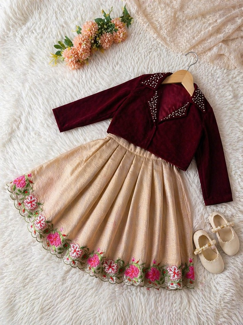 Evanik Maroon Embroidered Work Kids Party Wear Look Kids Lehenga Choli | Grocsy