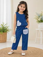 Evanik Blue Kids Denim Summer Co-Ord Set With Lace Heart & Pocket | Grocsy