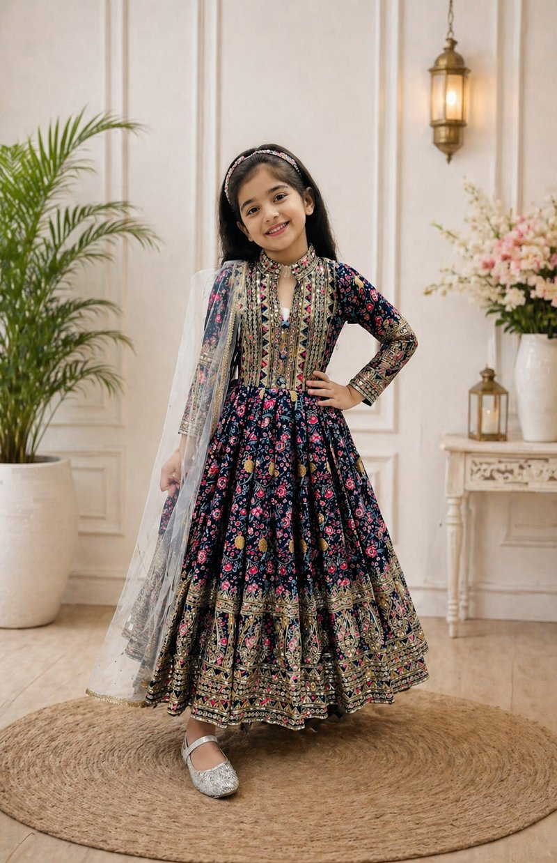 Evanik Black Kids Chinon Silk Digital Print With Embroidered Work Wedding Gown | Grocsy