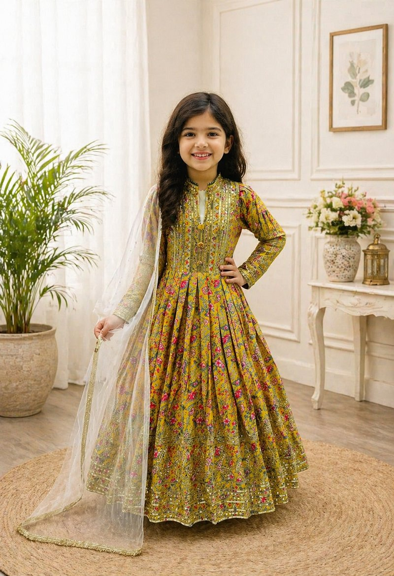 Evanik Yellow Kids Chinon Silk Digital Print With Embroidered Work Wedding Gown | Grocsy
