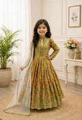 Evanik Yellow Kids Chinon Silk Digital Print With Embroidered Work Wedding Gown | Grocsy
