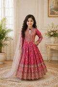 Evanik Red Kids Chinon Silk Digital Print With Embroidered Work Wedding Gown | Grocsy