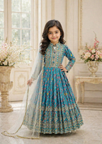 Evanik Turquoise Kids Chinon Silk Digital Print With Embroidered Work Wedding Gown | Grocsy