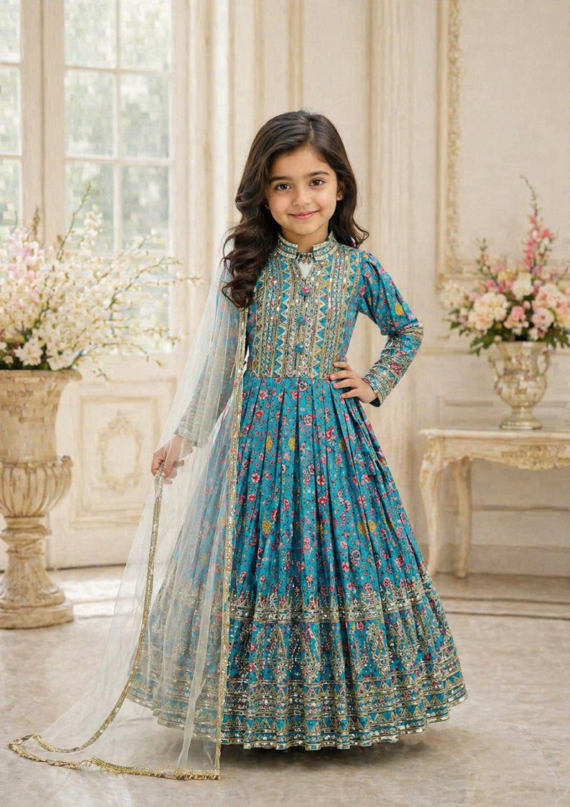 Evanik Turquoise Kids Chinon Silk Digital Print With Embroidered Work Wedding Gown | Grocsy