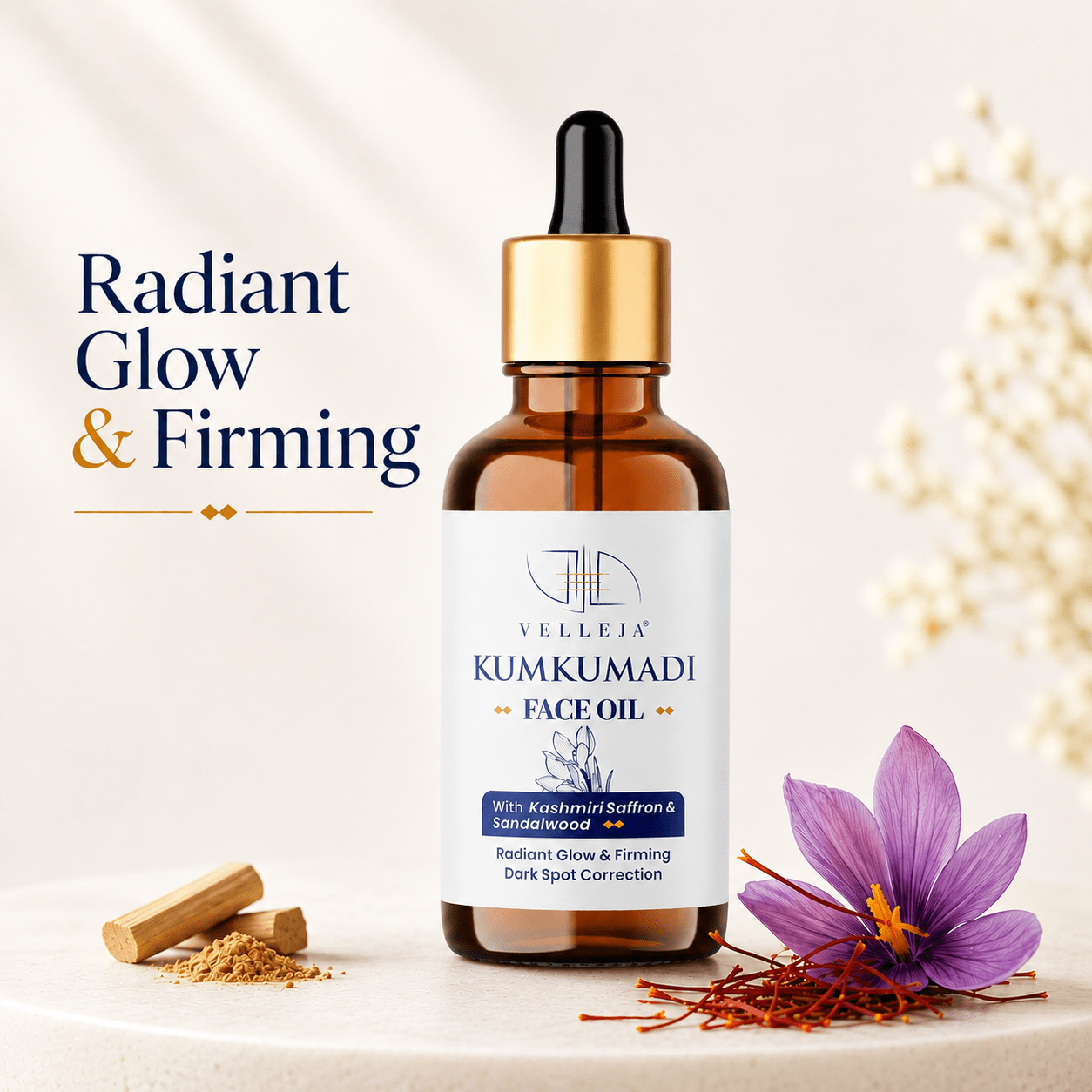 Velleja Kumkumadi Face Oil with Kashmiri Saffron & Sandalwood | Ayurvedic Anti Aging Face Serum for Brightening, Dark Spots & Pigmentation | Grocsy
