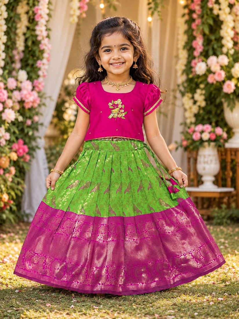 Evanik Parrot Pure Silk Zari With Heavy Maggam Work Lehenga Choli for Kids | Grocsy