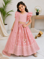 Evanik Peach Chinon Silk Frill Sleeve Design Lehenga Set for Kids | Grocsy