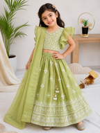 Evanik Parrot Green Chinon Silk Frill Sleeve Design Lehenga Set for Kids | Grocsy