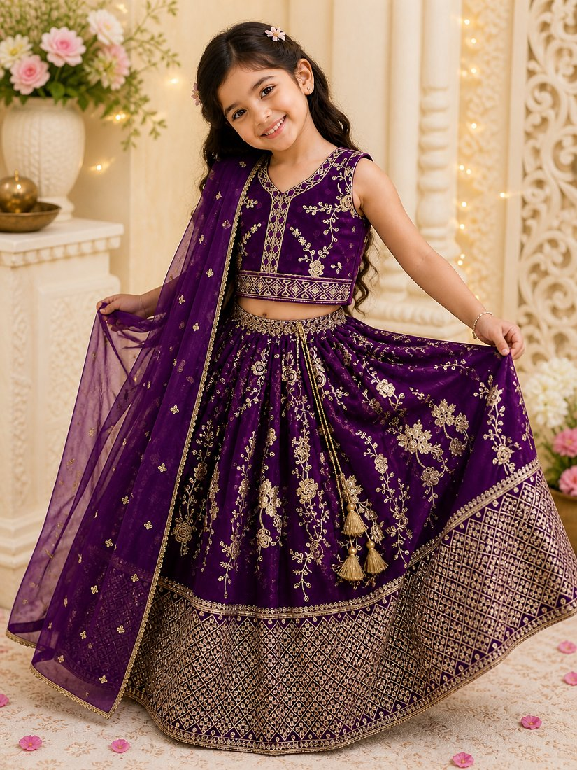 Evanik Purple Sequence Embroidered Lehenga Set for Kids | Grocsy