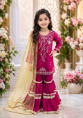 Evanik Designer Girls Ranipink Georgette Embroidered Kurta Gharara Set with Net Dupatta | Grocsy