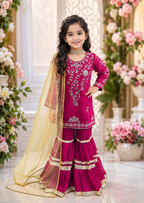 Evanik Designer Girls Ranipink Georgette Embroidered Kurta Gharara Set with Net Dupatta | Grocsy