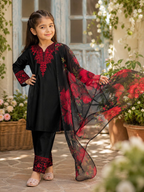 Evanik Premium Kids Black Silk-Blend Kurta Set with Maroon Embroidery Work and Dupatta | Grocsy