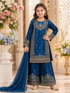 Evanik Royal Blue Embroidered Kids Palazzo Suit with Plain Dupatta PartyWear Ethnic Set for Girls | Grocsy