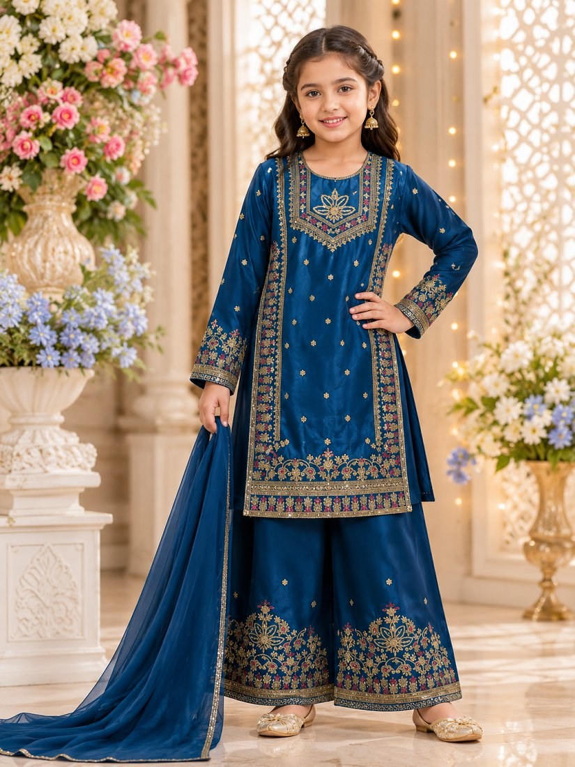 Evanik Royal Blue Embroidered Kids Palazzo Suit with Plain Dupatta PartyWear Ethnic Set for Girls | Grocsy