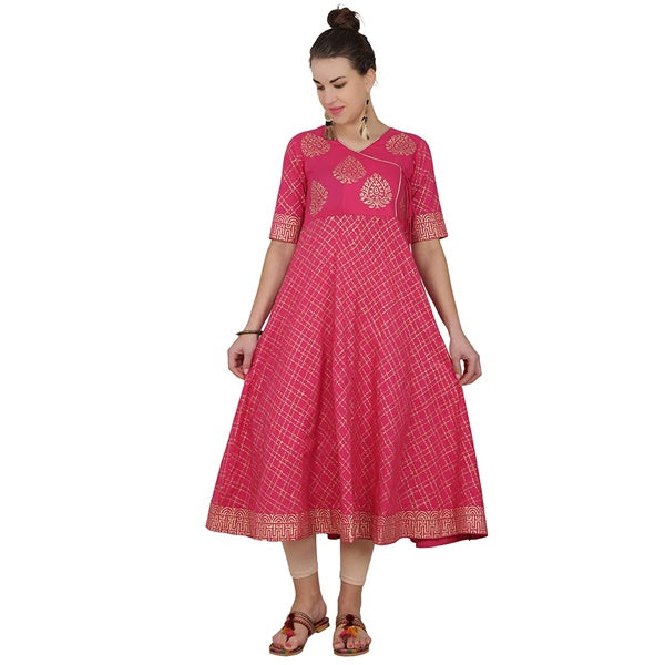 Cheera Angrakha Checkered Foil Printed Kurta With Doori Tassels | Grocsy