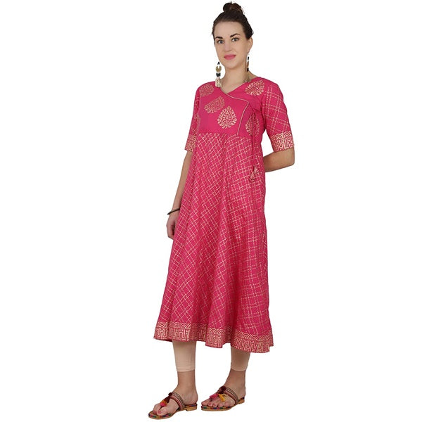 Cheera Angrakha Checkered Foil Printed Kurta With Doori Tassels | Grocsy