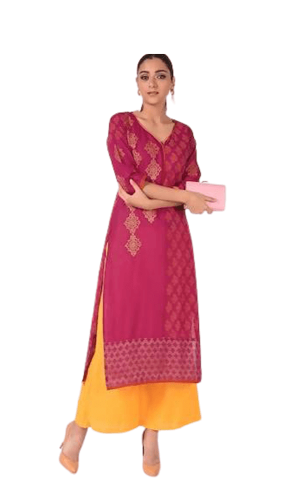 Cheera Hand Block print straight Kurta with Palazzo In Magenta & Mustard | Grocsy