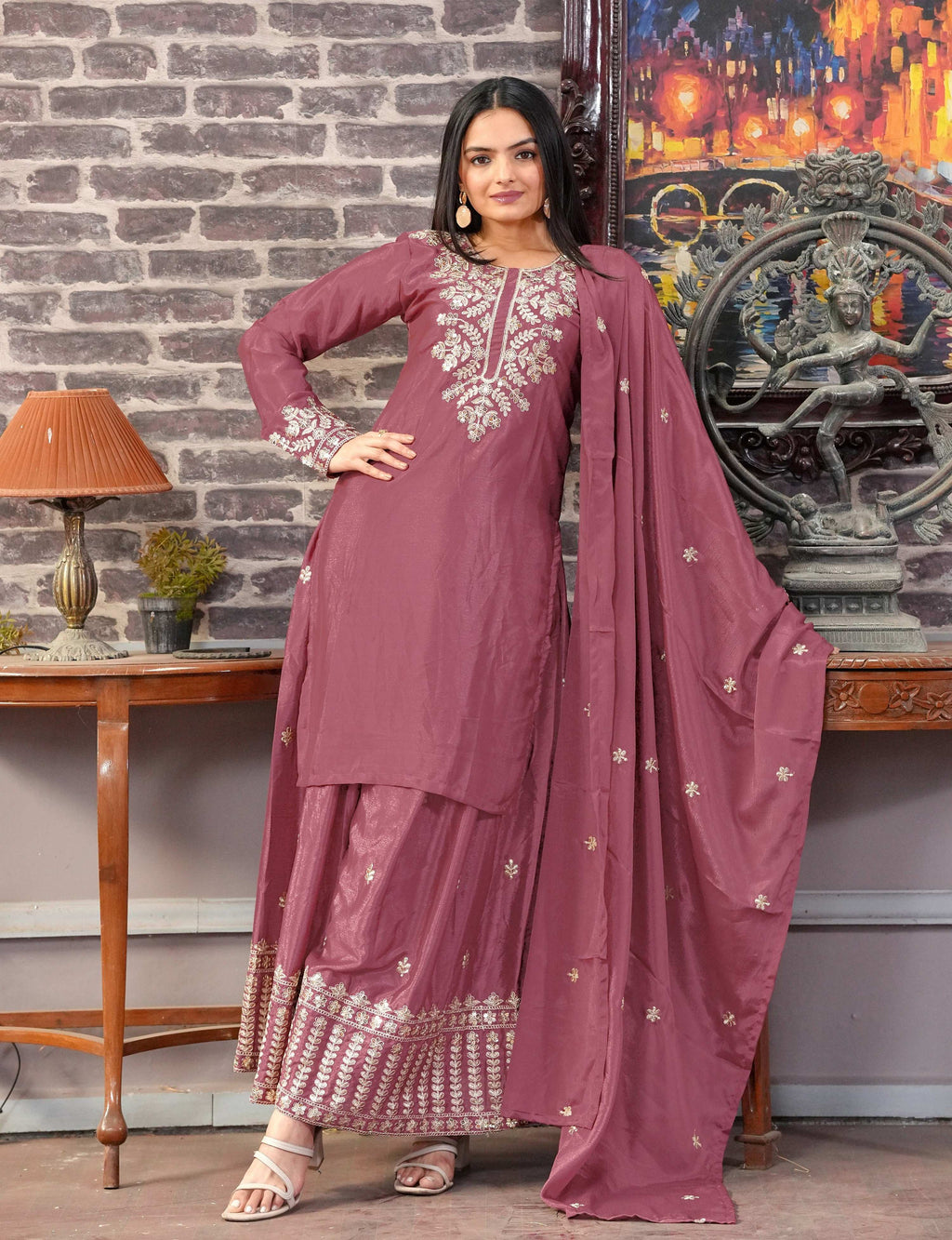 Lehenga Mart Designer Chinon Suit With Sequence Embroidered Work - Pink | Grocsy