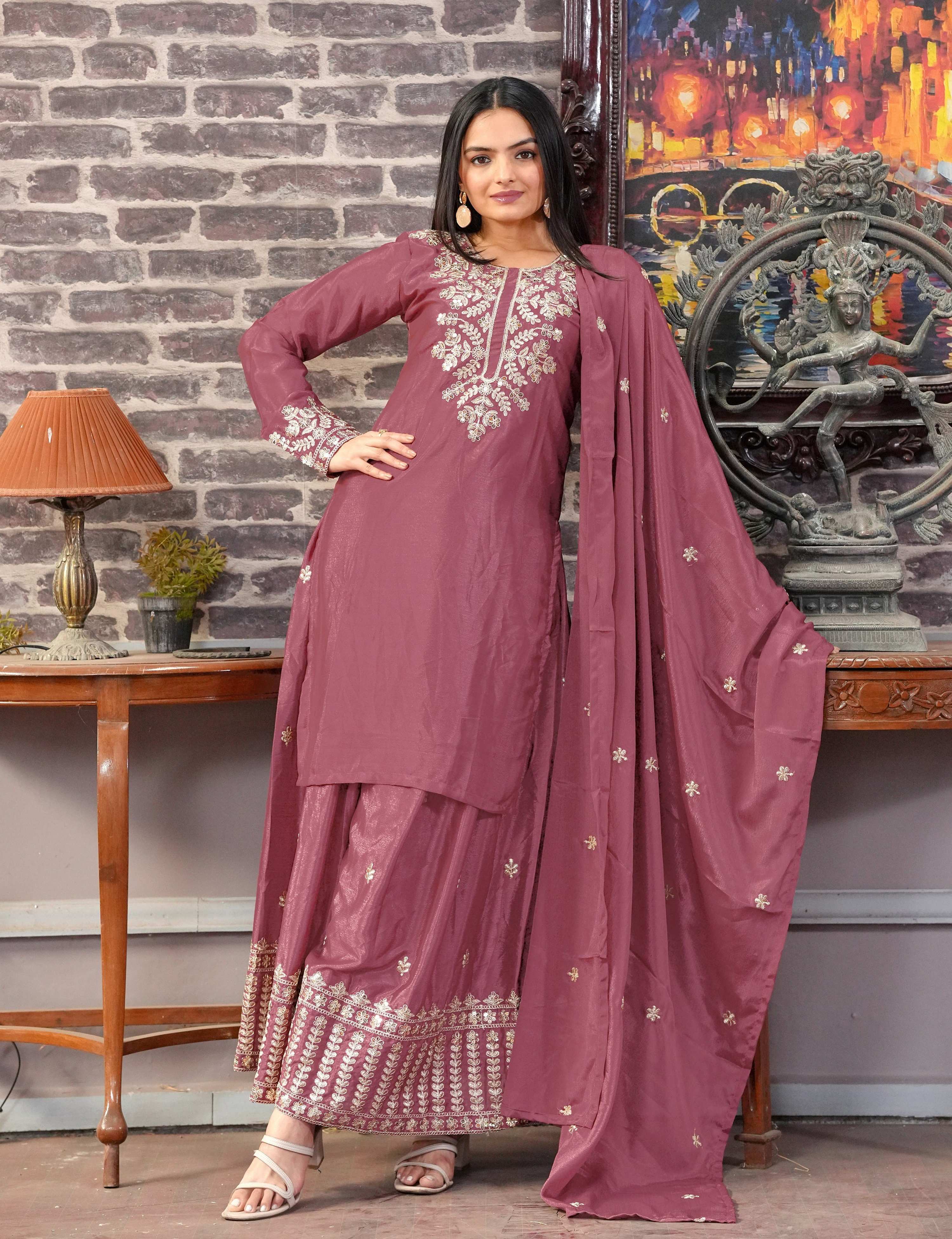 Lehenga Mart Designer Chinon Suit With Sequence Embroidered Work - Pink | Grocsy