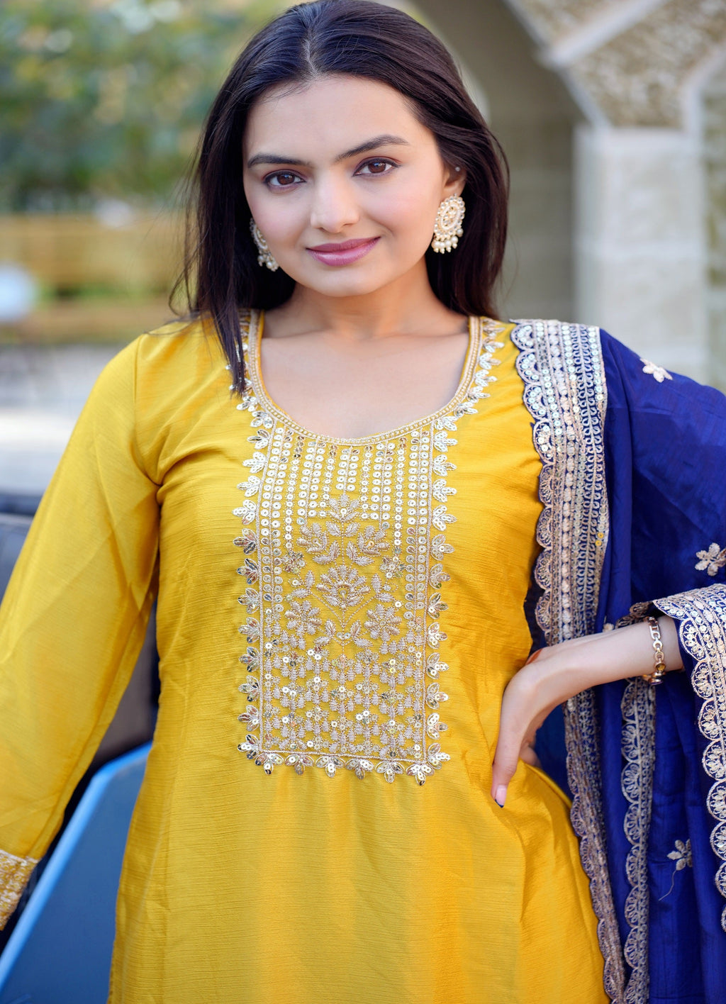 Lehenga Mart Designer Chinon Suit With Sequence Embroidered Work - Yellow | Grocsy