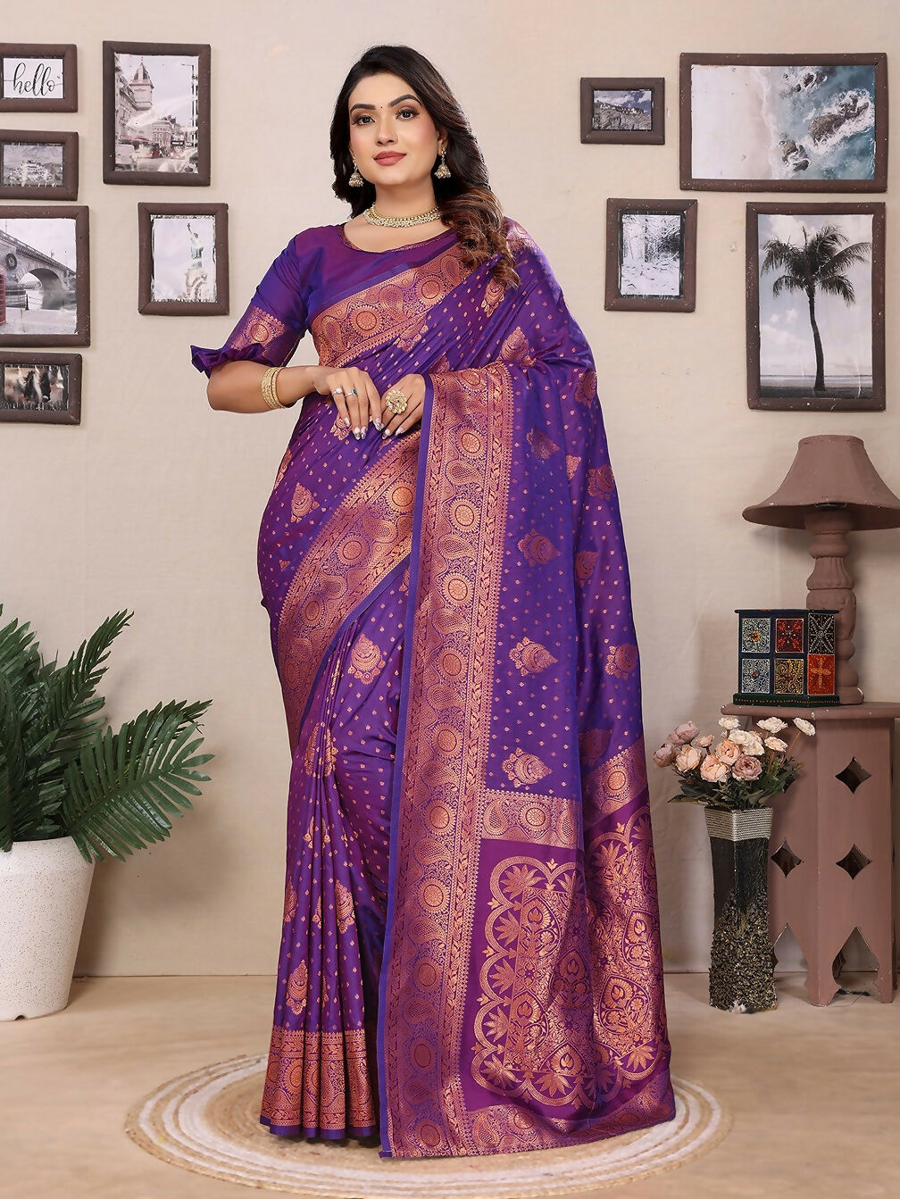 Joban Fashion Banarasi Purple Woven Soft Silk Saree | Grocsy