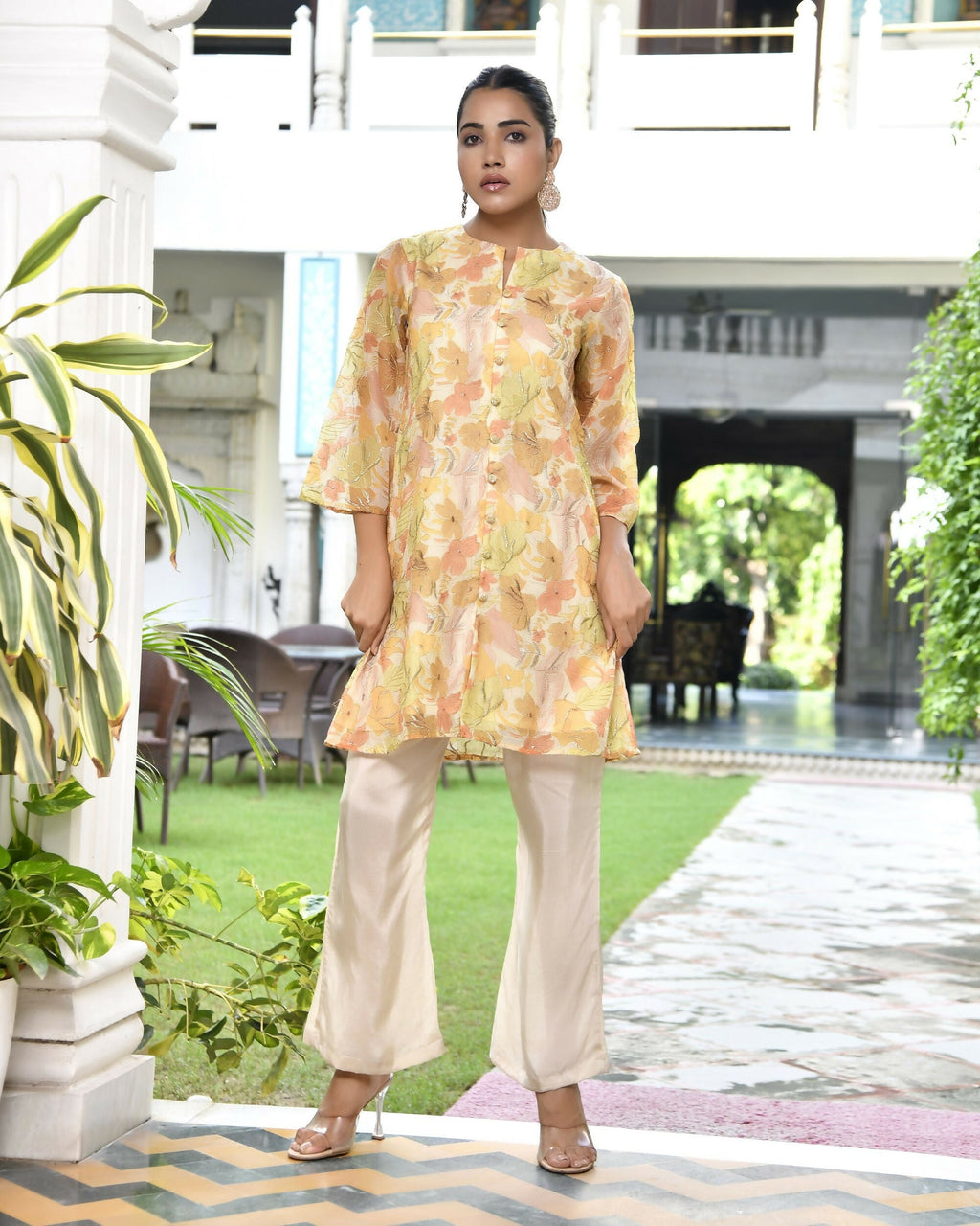 Vaasva Women's Lemon Yellow Organza Digital Printed Cord Set | Grocsy
