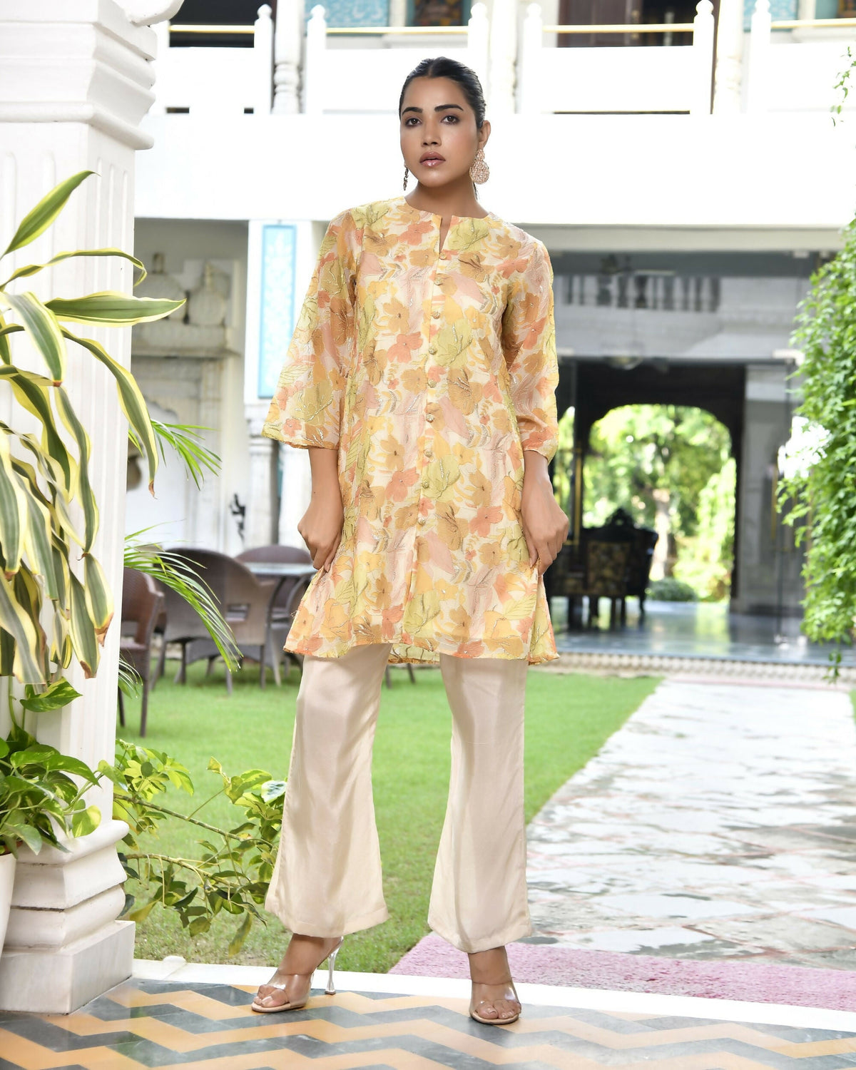 Vaasva Women's Lemon Yellow Organza Digital Printed Cord Set | Grocsy