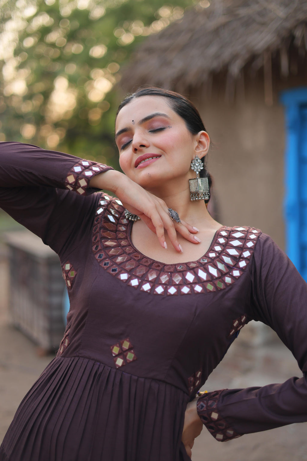 Lorenvalley Chocolate Rayon Fabric With Real Mirror Work Gown | Grocsy