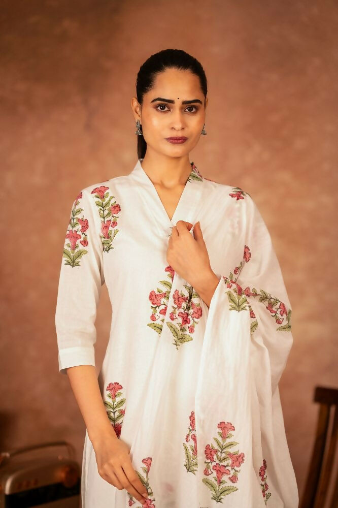 Joban Fashion Off White Pink Hand Block Printed Cotton Suit Set | Grocsy
