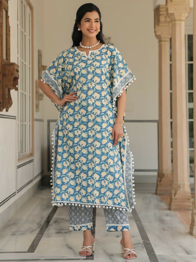 Aramya Kaftan Soft Cotton Floral Print Women's Kurta Set - Blue | Grocsy