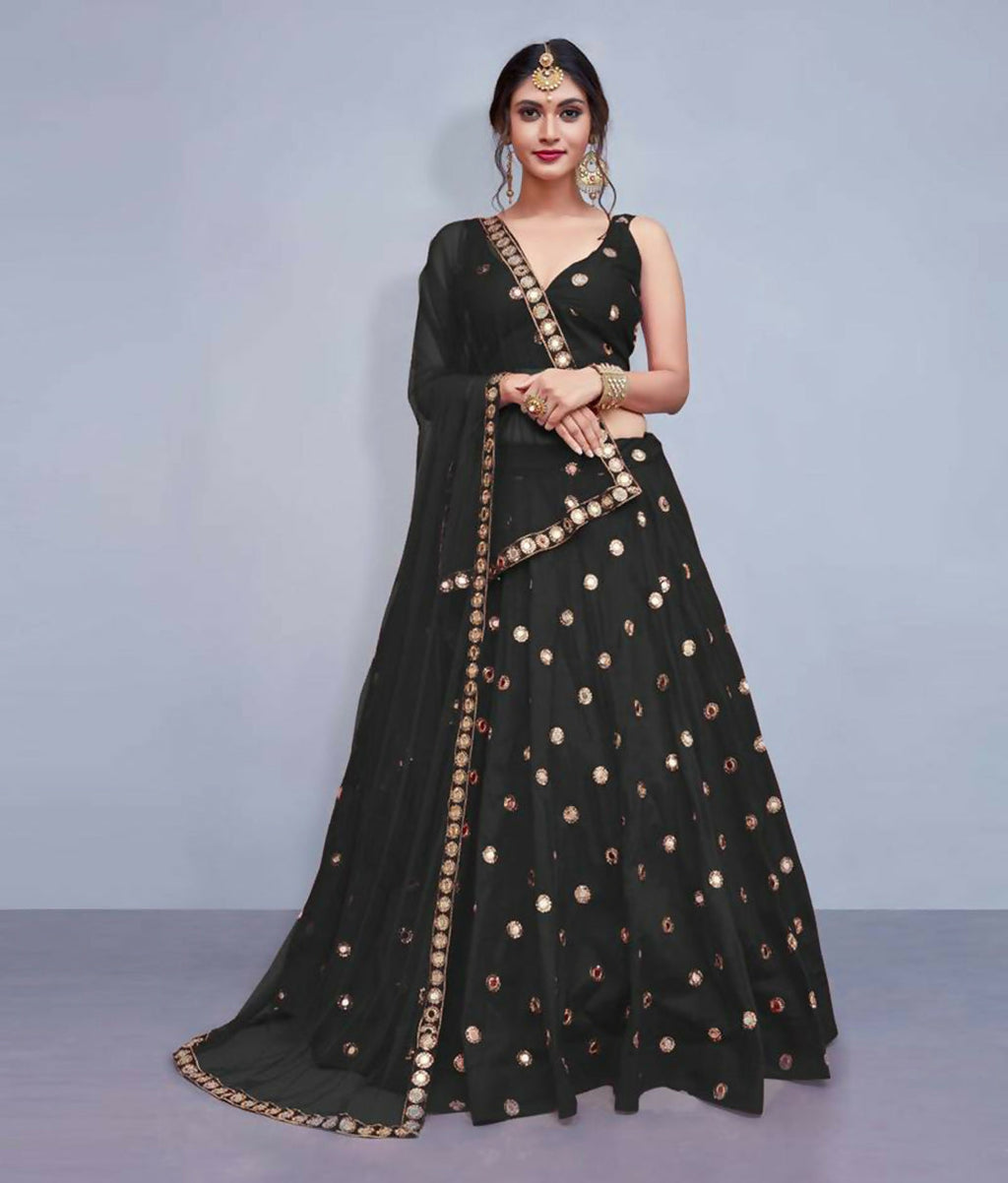 Jyoti Fashion Beautiful Black Embroidered with Mirror work Art Silk Party Wear Lehenga Choli with Dupatta | Grocsy