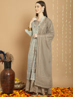 Jyoti Fashion Women's Green Chanderi Silk Elegant Jardoshi Semi Kurta with Trouser & Dupatta | Grocsy