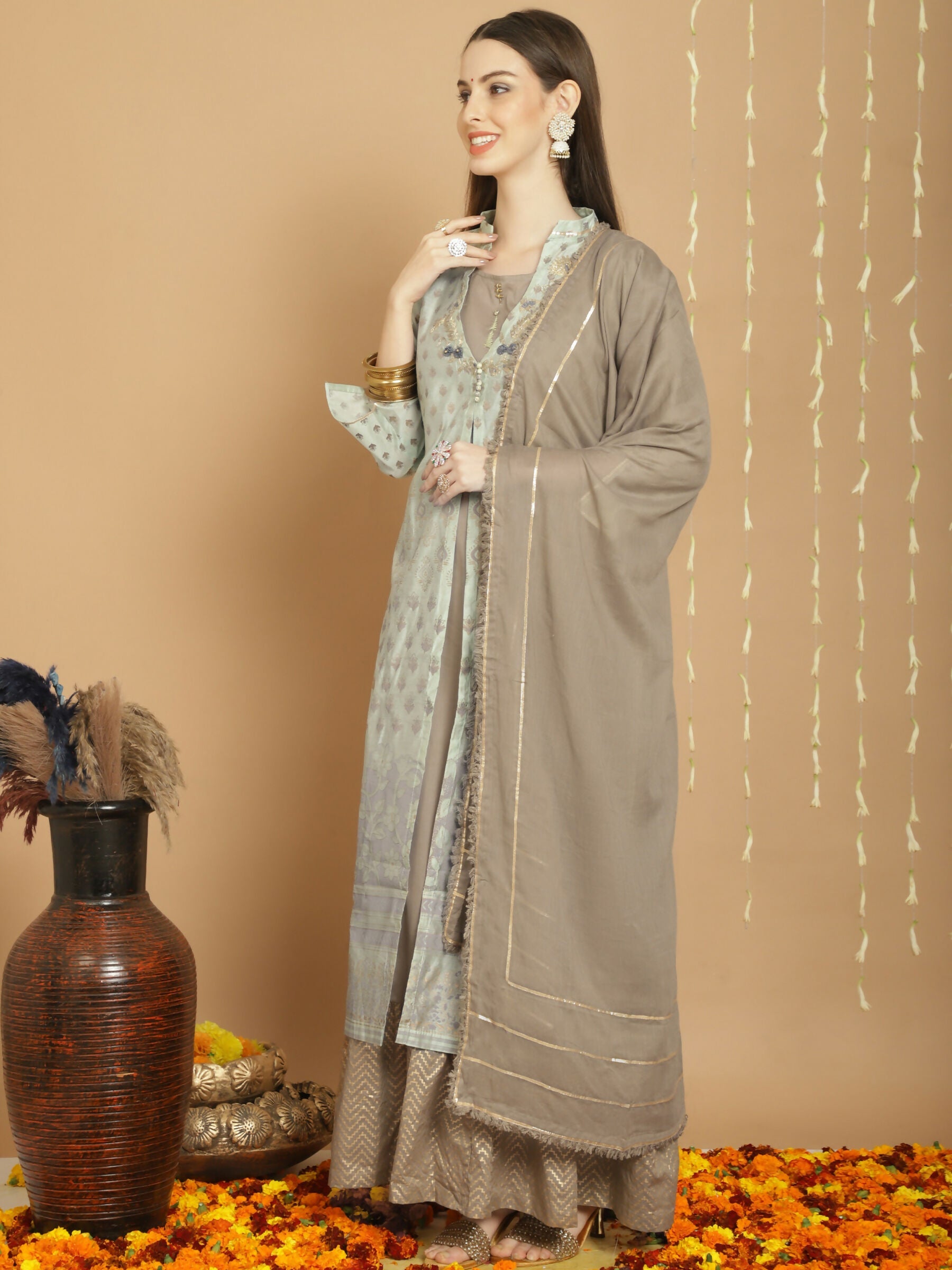 Jyoti Fashion Women's Green Chanderi Silk Elegant Jardoshi Semi Kurta with Trouser & Dupatta | Grocsy