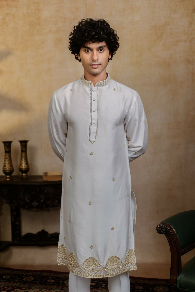 Falling Raw Silk White Mandala Kurta Set By Hilo Design | Grocsy