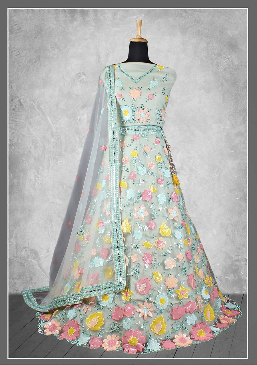 Sea Green Net, Satin Silk Cord And Sequins Floral Embroidery Semi-Stitched Lehenga Choli - Nimaya Kangan | Grocsy