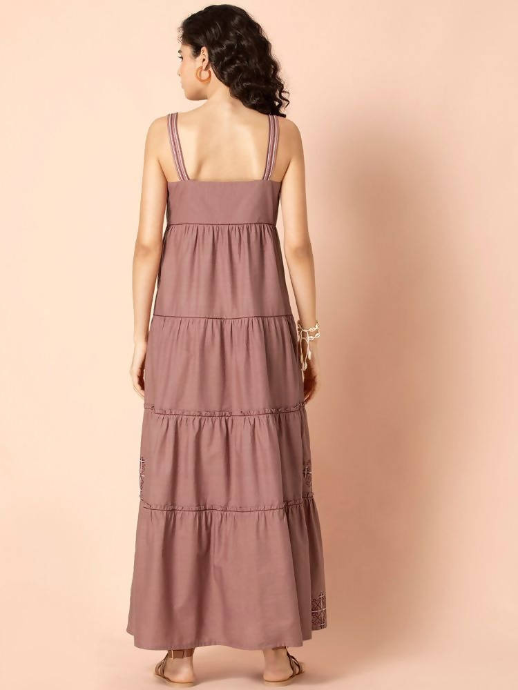 Indya Rose Pink Embroidered Tiered Maxi Dress | Grocsy