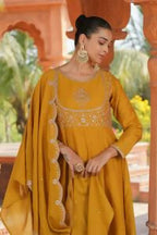 The52 Women's Beautiful Vichitra Silk Fabric Embroidery Work Flared Anarkali Pant and Dupatta Set | Grocsy