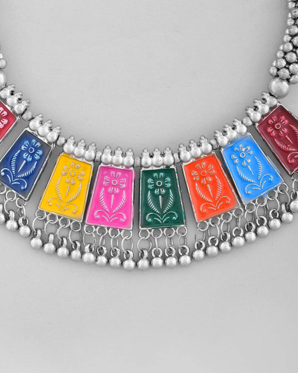 VOJ Silver Plated Oxidized Multi Color Hasli with Earring Set | Grocsy