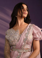 Pink Crepe Satin Silk Embroidered Saree With Stitched Blouse - Mohmanthan Exotica | Grocsy
