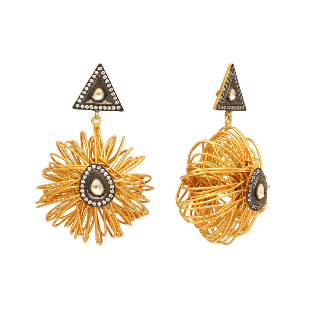 Nuyug 18K Gold-Plated Stones & American Diamond Studded Contemporary Wire Drop Earrings | Grocsy