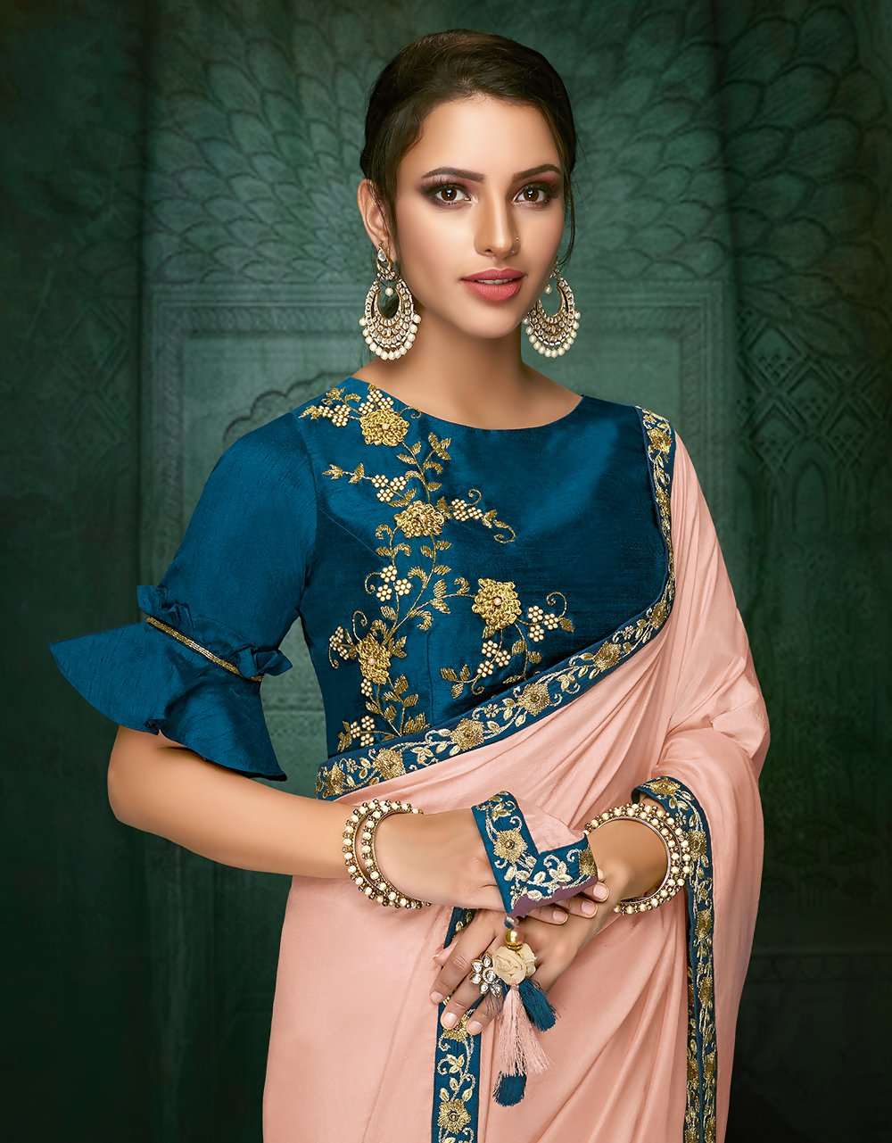 Peach Satin Silkzari And Cord Embroidery, Hand Work Saree - Norita Hit | Grocsy
