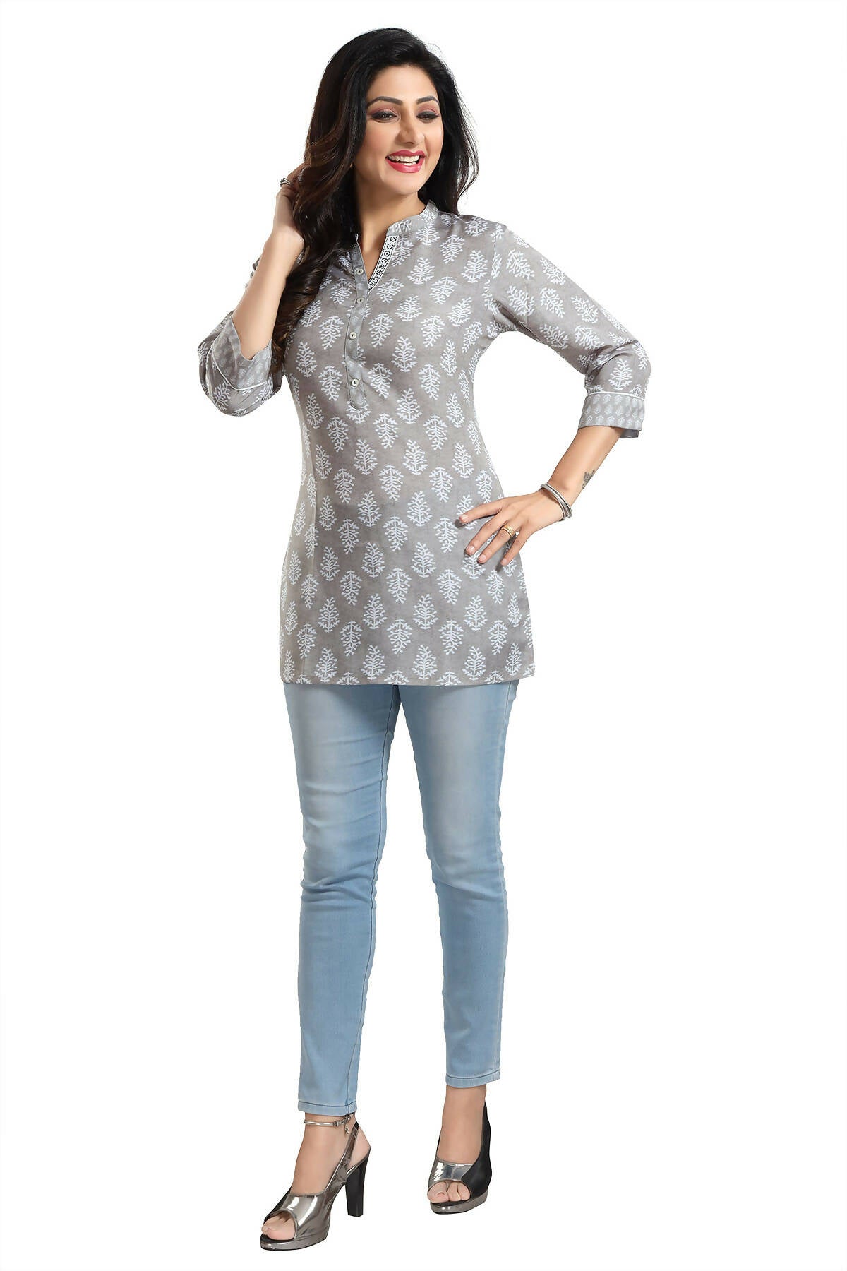 Snehal Creations Gracious Gray Rayon Short Kurti Tunic Top | Grocsy
