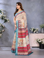 PR Fashion Cream Handloom Linen Cotton Saree | Grocsy