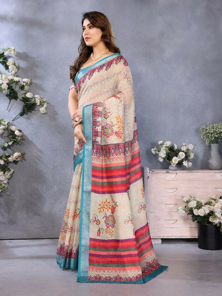 PR Fashion Cream Handloom Linen Cotton Saree | Grocsy