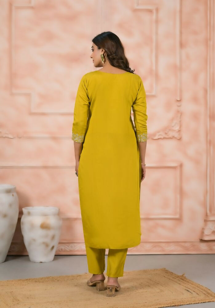 Ethnic Festive Wear Chanderi Yellow Stitched Suit With Dupatta - Anbazaar | Grocsy