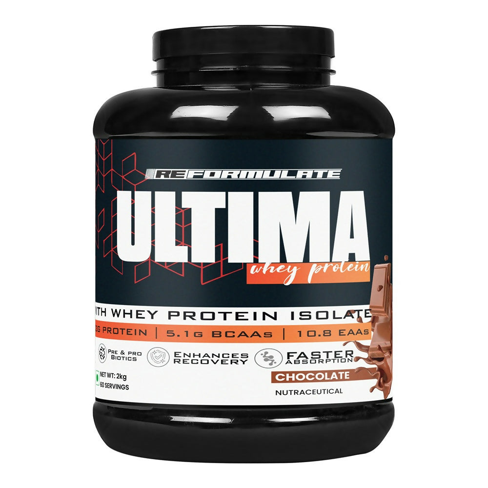 Reformulate Ultima I Whey Protein with Isolate I 23 G Protein I 5.1G BCAA I 10.8 EAA I Pre & Probiotics - Chocolate | Grocsy