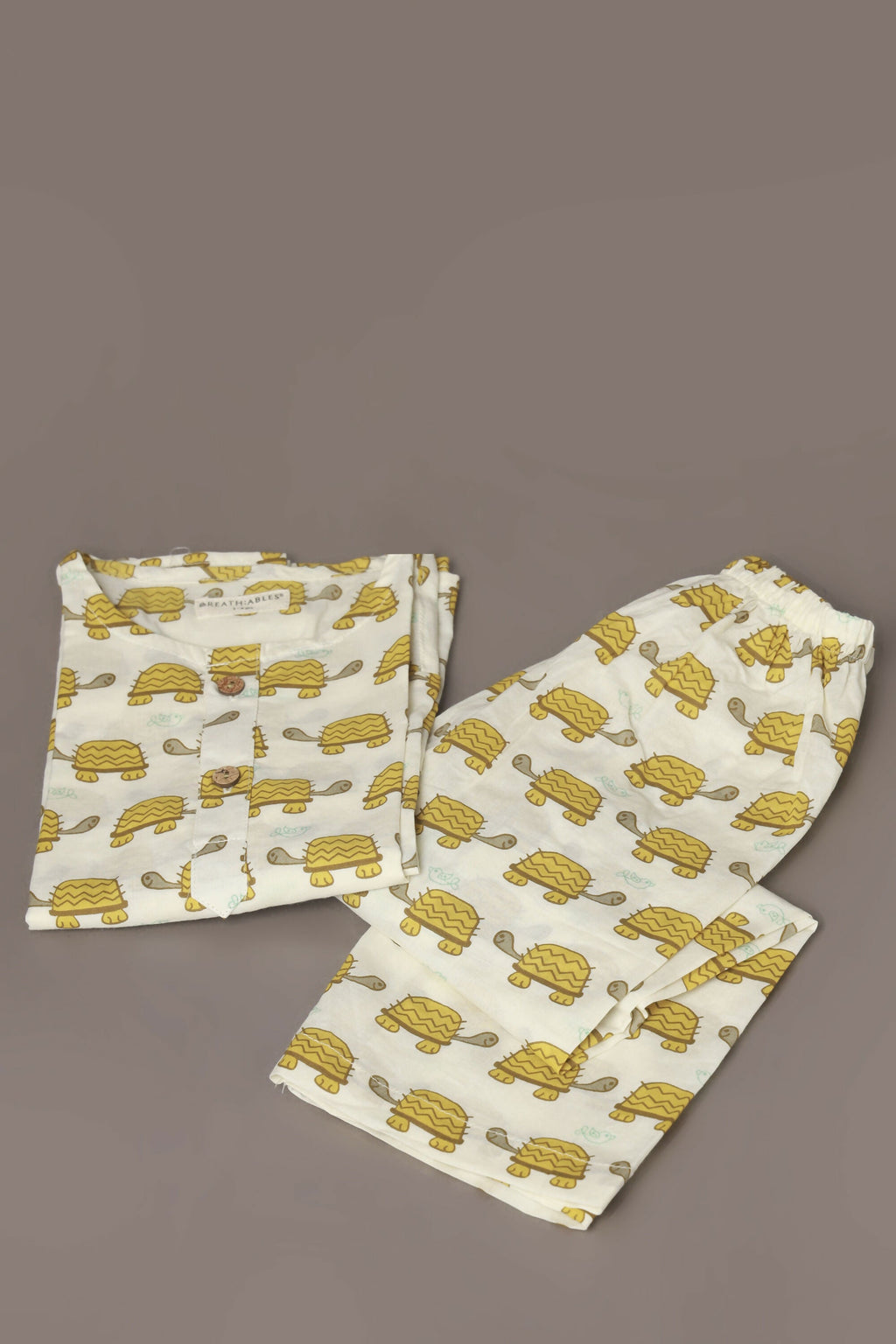 Breathables Kids Cotton Turtle Print Co-Ord Night Suit With Kurta And Pyjama – White & Yellow | Grocsy
